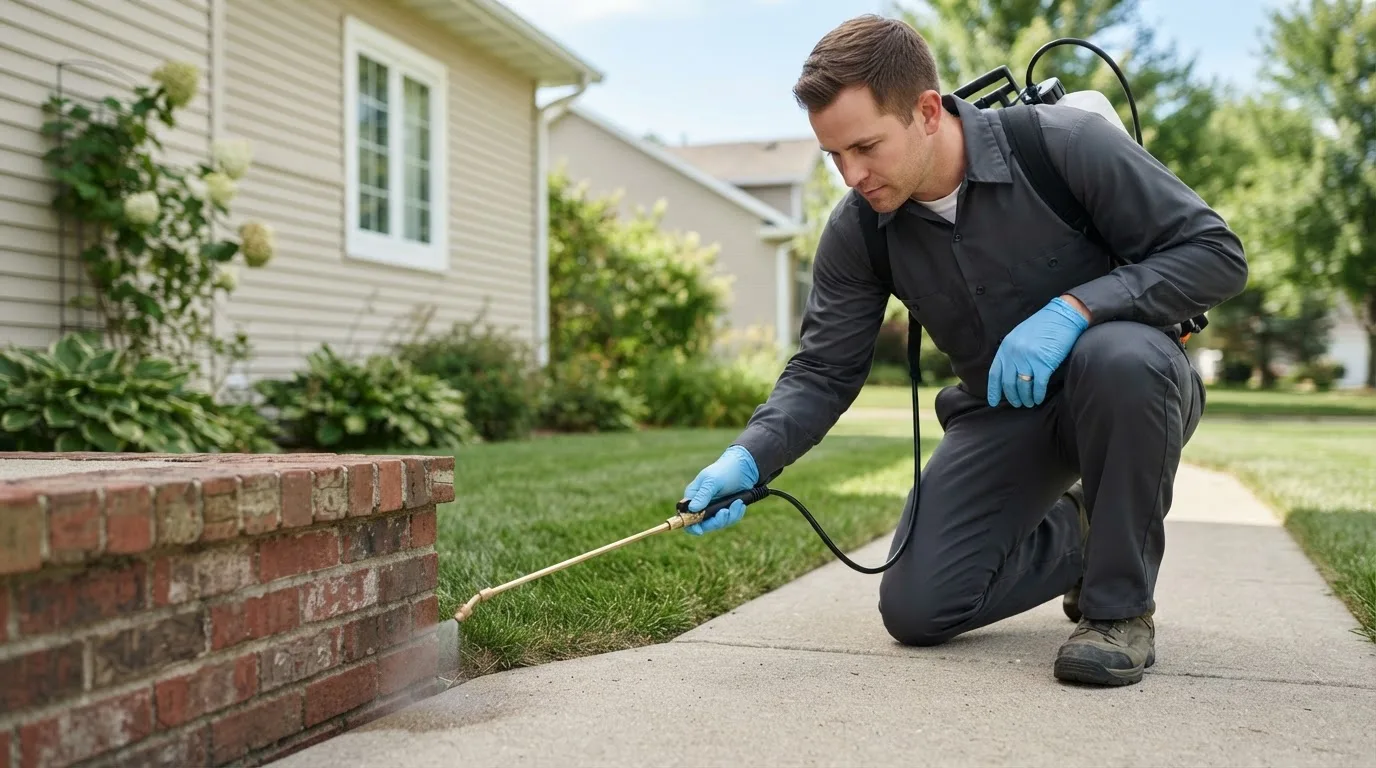 Pest control technician treating a home near Boonville, NC